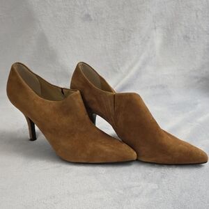 Van Eli Suede Pointed-Toe Ankle Heels in Cognac Brown